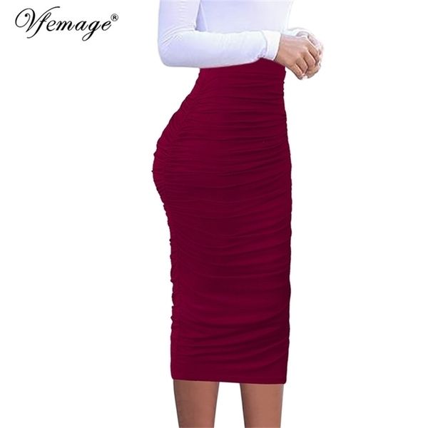 

vfemage women elegant ruched ruffle high waist geometric polka dot print slim casual party pencil midi mid-calf skirt 1023 210724, Black