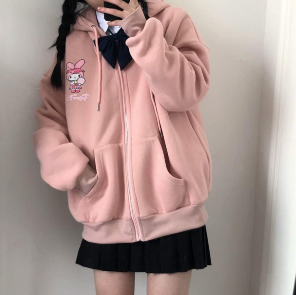 

new college style cute embroidered cardigan coats plus velvet sweater female student zipper loose jacket trend kawaii clothes, Black;brown