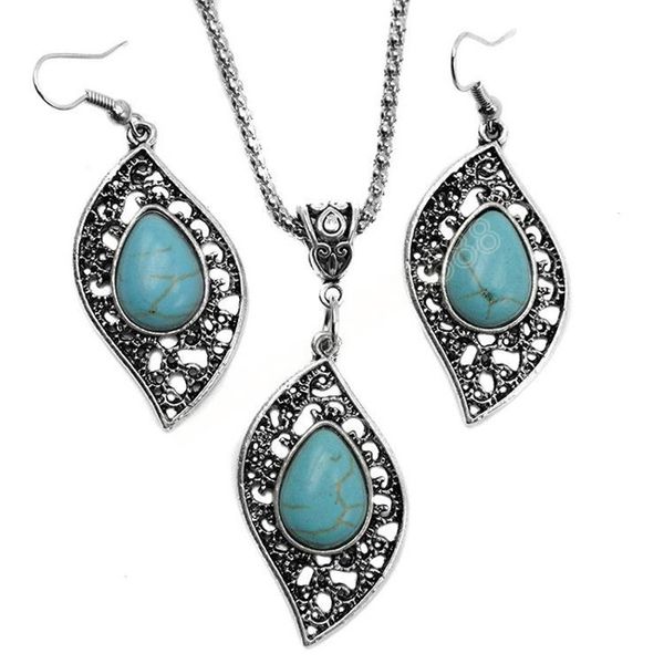 

fashion turquoise jewelry necklace earrings set antique silver leaves turquoise pendant necklaces+earring jewelry 2pcs set for women