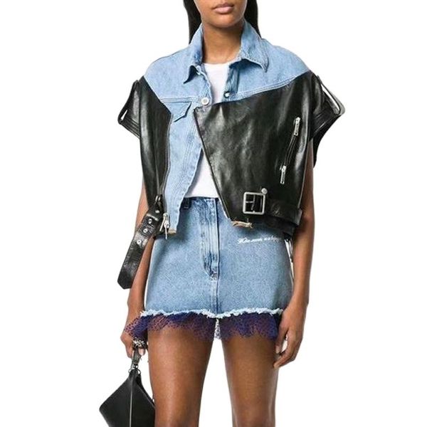 

denim stitching autumn temperament wild lapel leather sleeveless slimming zipper female jacket 210507, Black;brown