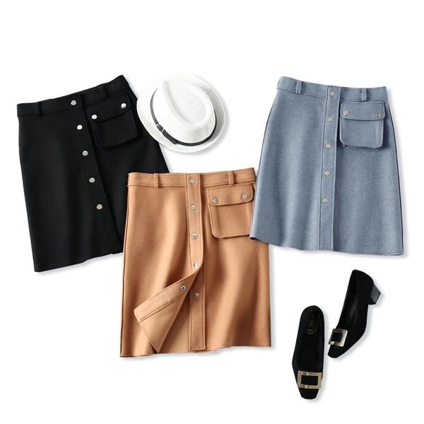 

skirts 2021 women woolen midi skirt autumn winter sweet fashion high waist front pocket design single breasted faldas saia, Black