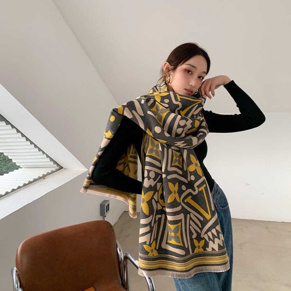 

2021 autumn winter imitation cashmere scarf old flower letter air conditioning shawl women's lengthened and thickened warm bib, Blue;gray