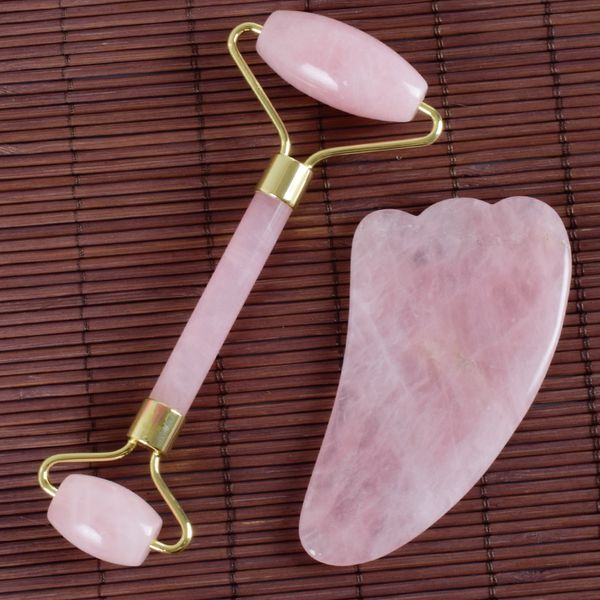 

factory pink crystal jade roller massager scrapping plate roller horn set one piece dropshipping