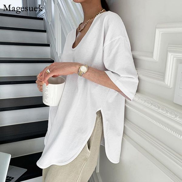 

women's t-shirt summer v-neck solid cotton women half sleeve plus size casual tshirt arc line loose white woman tshirts 13683