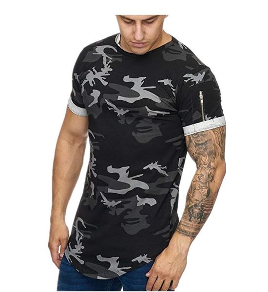 

camouflage men's t-shirts european american men's leisure fashion fitness thin collarless round neck short sleeve zipper printing, White;black