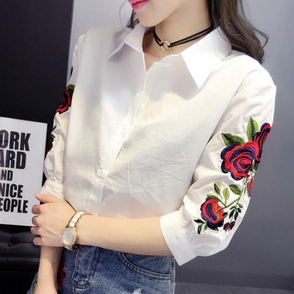 

women's blouses & shirts embroidery flroal women blusa ladies long sleeve blouse summer fashion turn down collar casual shirt white