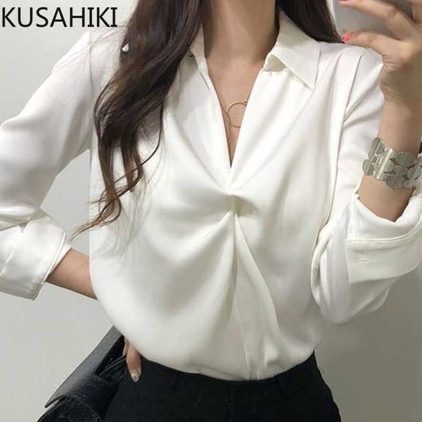 

twisted v-neck women satin blouse causal solid long sleeve elegant shirt spring blusas mujer 6g483 210603, White