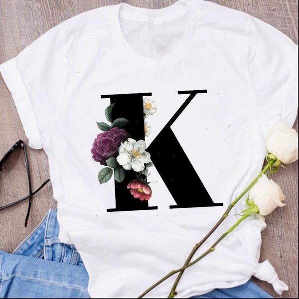 

graphic letter k short sleeve women t shirts flower clothes 90s floral clothing female tees print womens, White