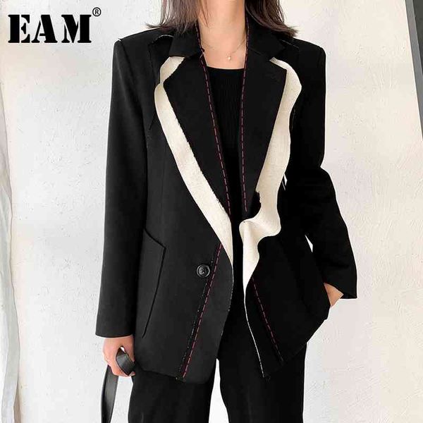 

[eam] women black contrast color burr blazer new lapel long sleeve loose fit jacket fashion tide spring autumn 1w519 210330, White;black