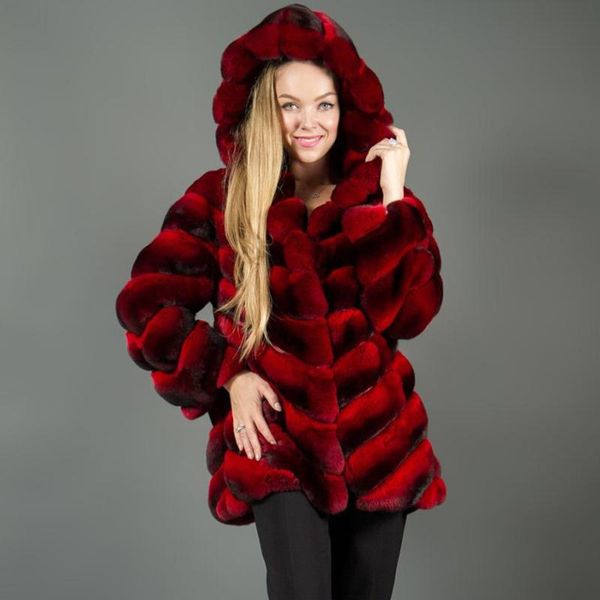 

women's fur & faux red hooded coat women winter fashion rex jacket mid-length overcoat, Black