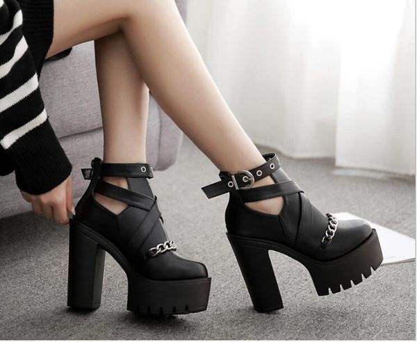 

dress shoes high heels fashion ankle boots for women casual cut-outs buckle round toe chain thick platform, Black