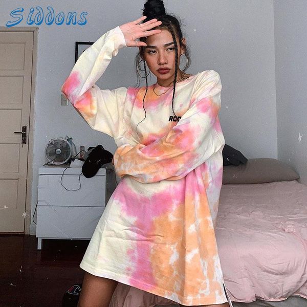 

women's t-shirt siddons women tie dye print sweatshirt casual sweatshirts oversized long sleeve o-neck female loose pullover shirts, White