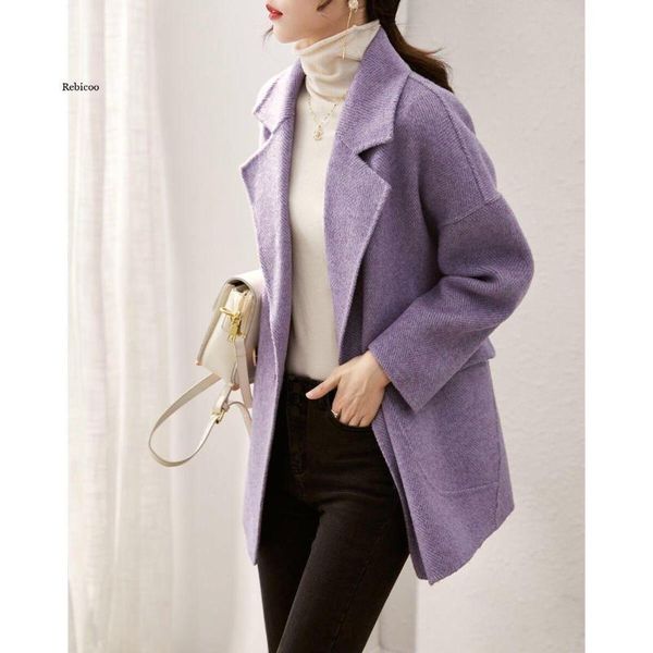 

women's wool & blends solid women purple elegant loose sash korean style chic trendy double breasted winter warm college students lady, Black