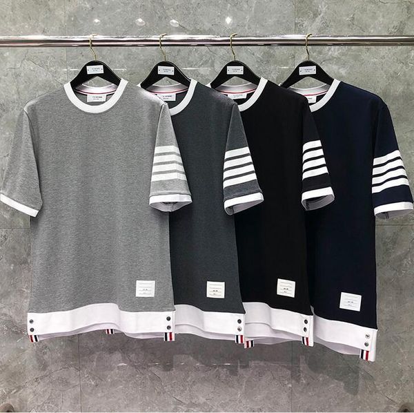 

t shirt fashion tb thom brand o-neck collar patchwork short-sleeved t-shirt men women cotton striped couple summer clothing, White;black