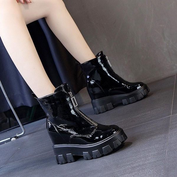 

boots fashion platform shoes women's punk style solid color ankle internal increase wedge motorcycle, Black
