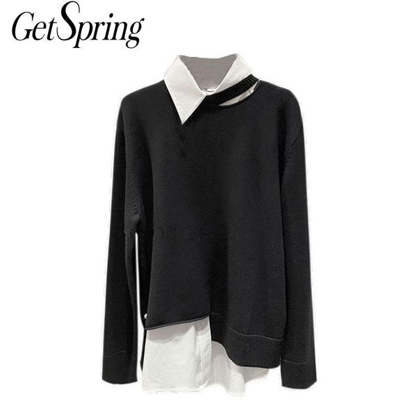 

women sweater patchwork color matching irregular knit fake two vintage casual black s 210430, White;black