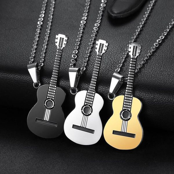 

pendant necklaces fashion punk 316l stainless steel guitar necklace men's hip hop party rock music charm chain jewelry male gift, Silver