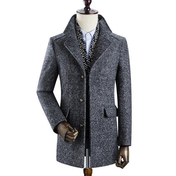 

men's wool & blends men woolen coat jacket autumn winter high-quality overcoats business casual lapel cotton thicken cashmere, Black