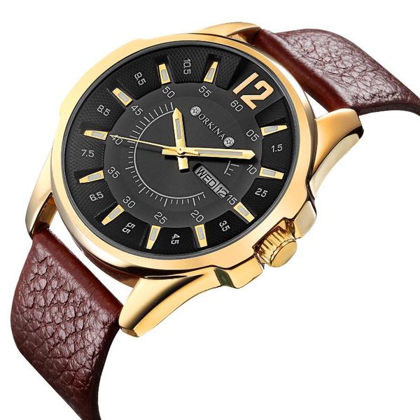 

wristwatches simple leather band gold men's quartz watch noctilucent fashion luminous hands calendar man, Slivery;brown