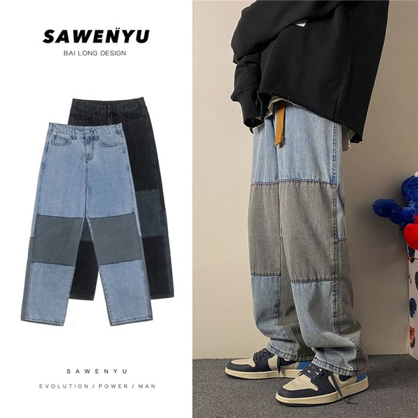 

mens jeans patchwork denim pants black blue relaxed fit jeans men hip hop baggy straight loose masculina trousers