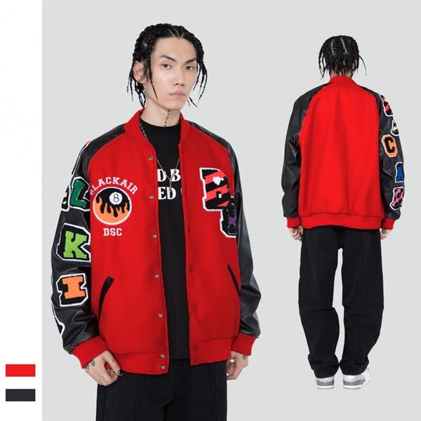 

men's jackets fashion hipster streetwear autumn winter retro embroidered personality flocking armband loose coat men and women baseball, Black;brown