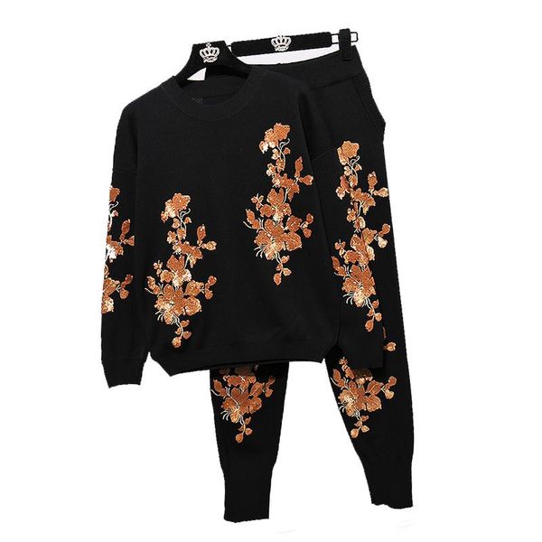 

autumn tracksuit women set fashion gold leaf pan flower embroidery long sleeve knitwear + harem pants 2 piece set women h722, White