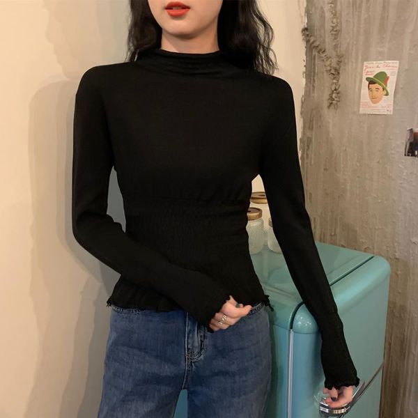 

women's t-shirt zoki half-high neck bottoming shirt knitted temperament with long sleeves slim pullover top, White