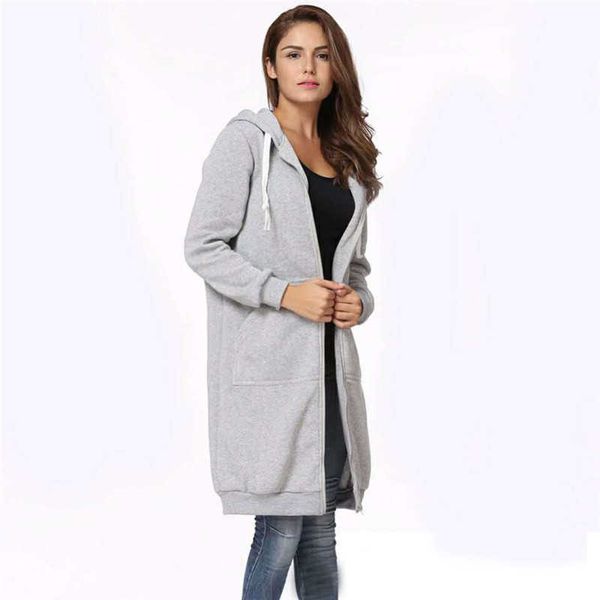 

2021 autumn casual women long hoodies sweatshirt coat zip up outerwears hooded jacket winter pockets outwear y0820, Black