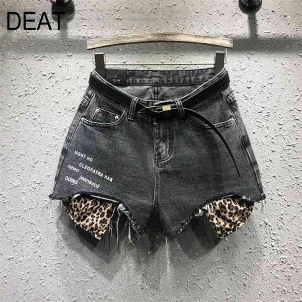 

[deat] print wide leg shorts hole loose versatile fashion leopard jeans trend for women ladies summer gx475 210621, White;black