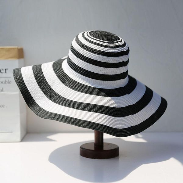 

wide brim hats soft stripe handmade fashion summer beach hat, Blue;gray