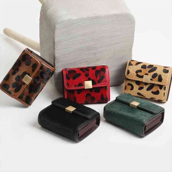 

women short wallet horse fur coin purse female clutches leopard card holder brown red, Red;black