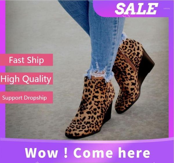 

boots leopard print women suede ankle high heel wedges winter wild short boot lady classic rome style pointed shoes casual1, Black