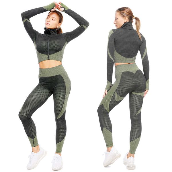 

women's tracksuits tracksuitsseamless yoga zipper quick drying sweat absorbing exercise fitness running two piece set qp45, Gray