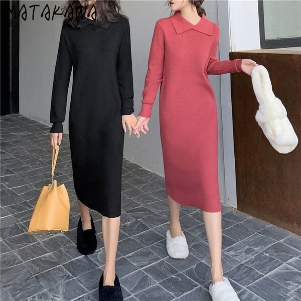 

matakawa straight turn-down collar woman dress autumn and winter korean solid knitted dresses fashion clothing for women 210513, Black;gray