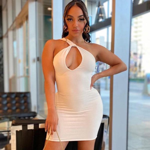

casual dresses solid hollow out one shoulder women dress summer sleeveless slim fitting skinny mini backless club wear 2021, Black;gray