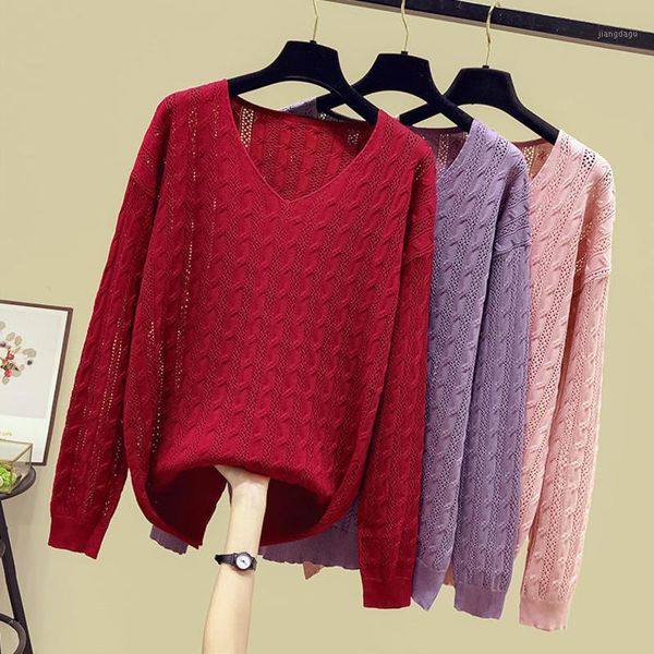 

plus size t-shirt nkandby hollow out pullover sweater 2021 autumn women loose v-neck knitted jumpers oversize korean chic knitwear, Black