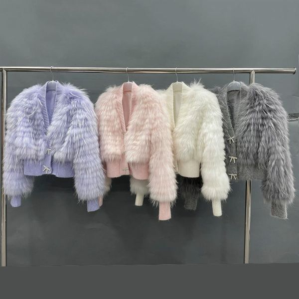 

women's fur & faux missjanefur fall winter 2021 knitted sweater fashion korean long sleeve real raccoon cropped cardigan women, Black