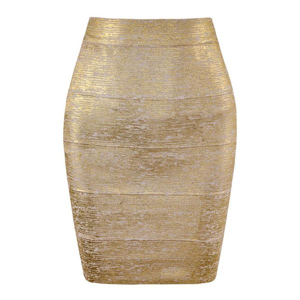 Großhandel Frauen Sommer Mode Sexy Gold Bronzing Mini Bandage Rock 2021 Designer Nachtclub Bodycon Bleistift Faldas 46cm Röcke