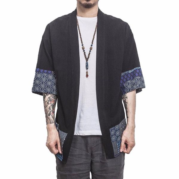 

men's casual shirts 2021 men kimono traditional open stitch shirt cotton linen male three quarter sleeve harajuku mens clothing 5xl, White;black