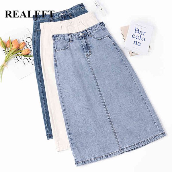 

summer long jean skirts female vintage high waist back split casual loose spring midi length a-line ladies 210428, Black