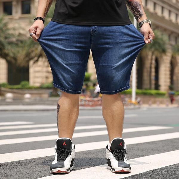 

men's jeans plus size denim shorts loose large thin high waist straight tube elastic midpants fat guy summer pants, Blue