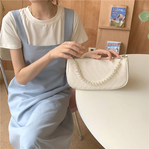 

evening bags simple solid color pu leather women pleated underarm bag elegant ladies pearl chain shoulder fashion design female handbags