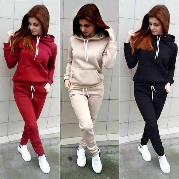 

autumn winter tracksuit 2 piece womenpant set hoodies sportwear sports suit hooded sweatshirt female clothes, White
