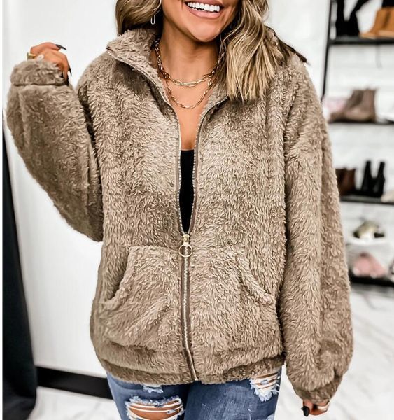 

women's fur & faux 2021 winter women hoodie warm long sleeve fleece jackets crop zip up punk outwear coats with pockets large size coa, Black