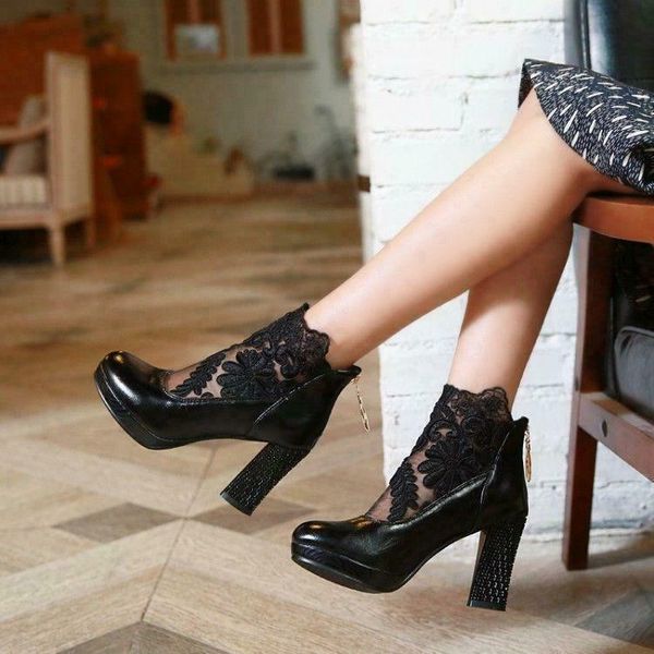 

boots ladies high block heels hollow out lace ankle wedding dress shoes, Black