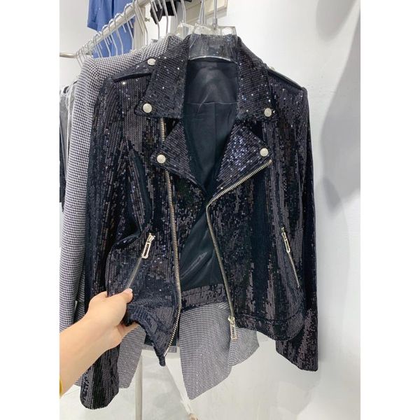 

women's jackets high street fashion 2021 designer jacket sequined zip motorcycle biker, Black;brown