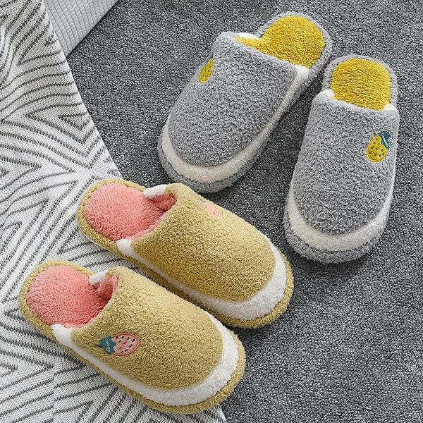 

slippers women men cartoon fruit anti-slip indoor home flock plush fur warm soft sole thicken shoes couples footwears, Black