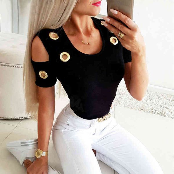 

summer solid hollow out t-shirts women off shoulder o-neck short sleeve slim pullovers casual rib knit tee shirt ladies 210507, White