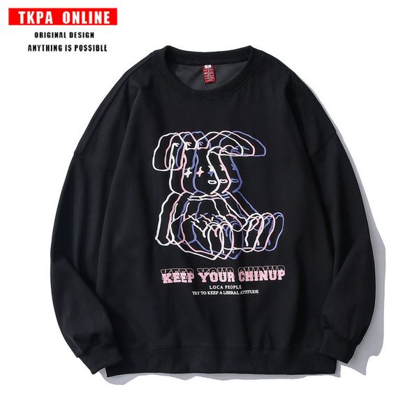 

fashion fleece hoodies tkpa korean round neck sweater men's and women's spring brand hoodless coat bear print trend loose couple t, Black