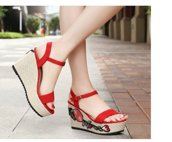

fashion solid women summer open toe shoes flower buckle strap platform sandals dress wedges, Black